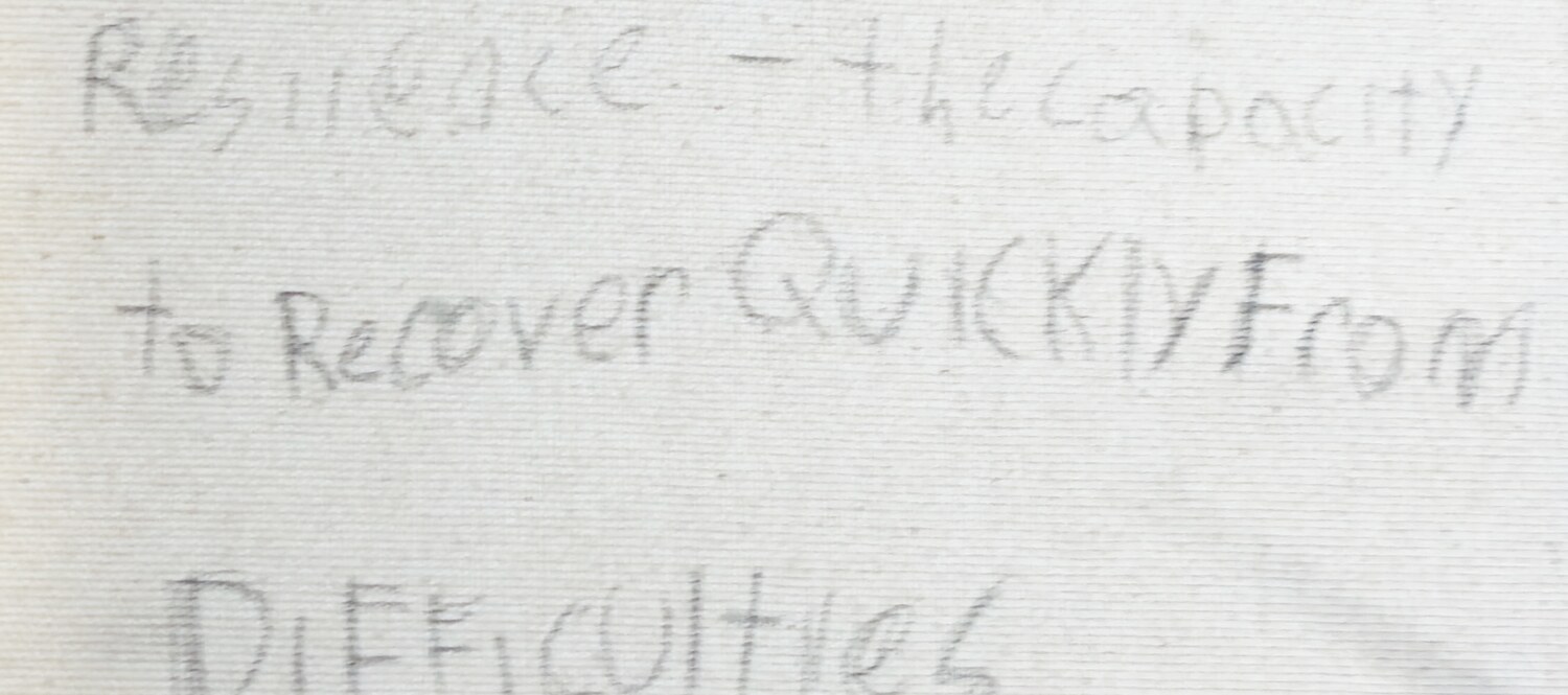 Handwritten in pencil by Kaza: Resilience — the capacity to recover quickly from difficulties.